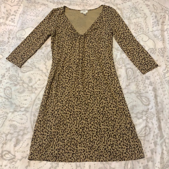 Ann Taylor Loft Leopard Cheetah Print Plunge Midi Dress Gather Front Tan Sz 12 - Picture 1 of 7
